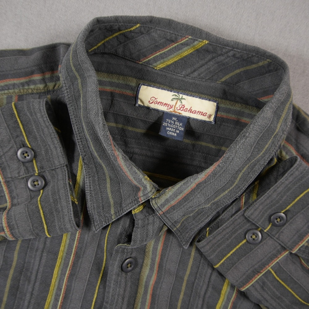 Y2K Tommy Bahama Silk Cotton Striped Long Sleeve Men Vacation Hawaiian Shirt XL